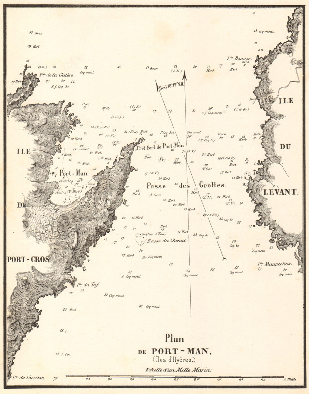 Plan de Port-Man (Iles d'Hyeres). Îles d'Hyères, Var. GAUTTIER 1851 old map