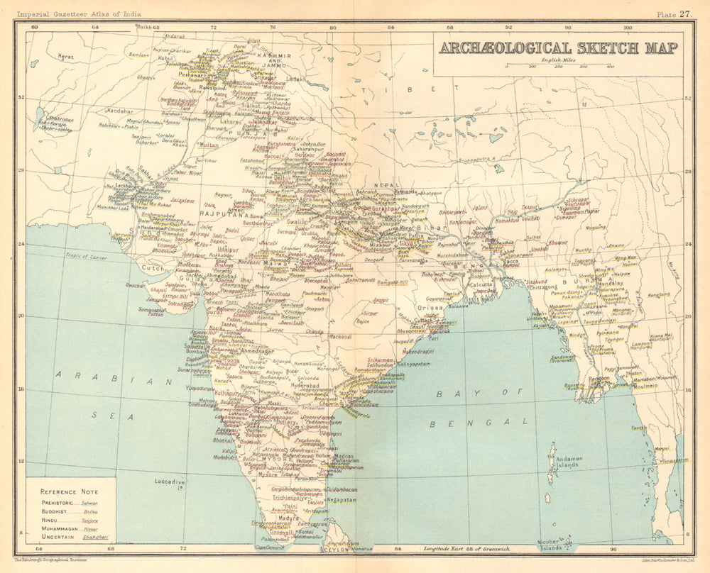 BRITISH INDIA Archaeological map. Buddhist Hindu & Muslim sites 1931 old
