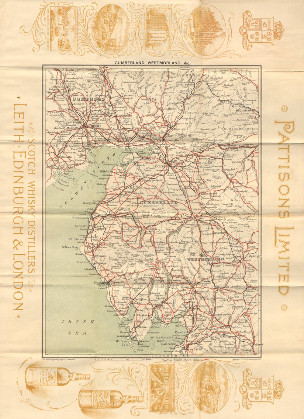 Cumberland & Westmorland. Lake District. PATTINSONS SCOTCH WHISKY 1897 old map