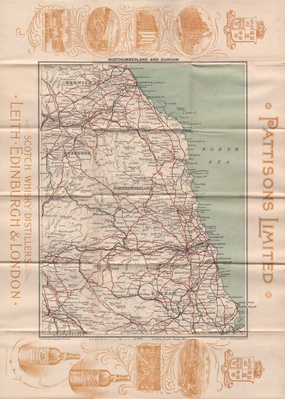 Northumberland & Durham. NE England. PATTINSONS SCOTCH WHISKY 1897 old map