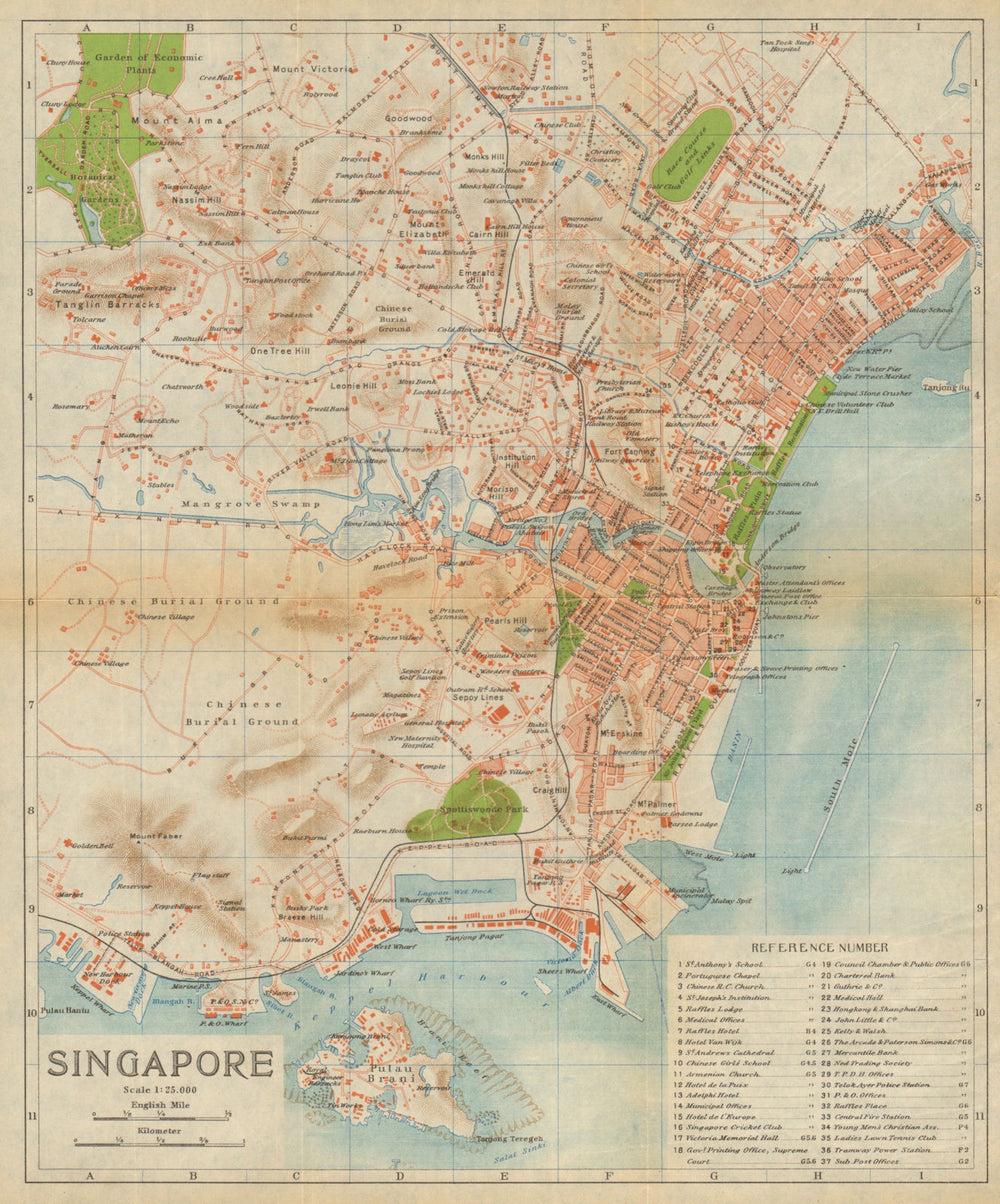 Singapore antique antique town city plan 1920 old map chart