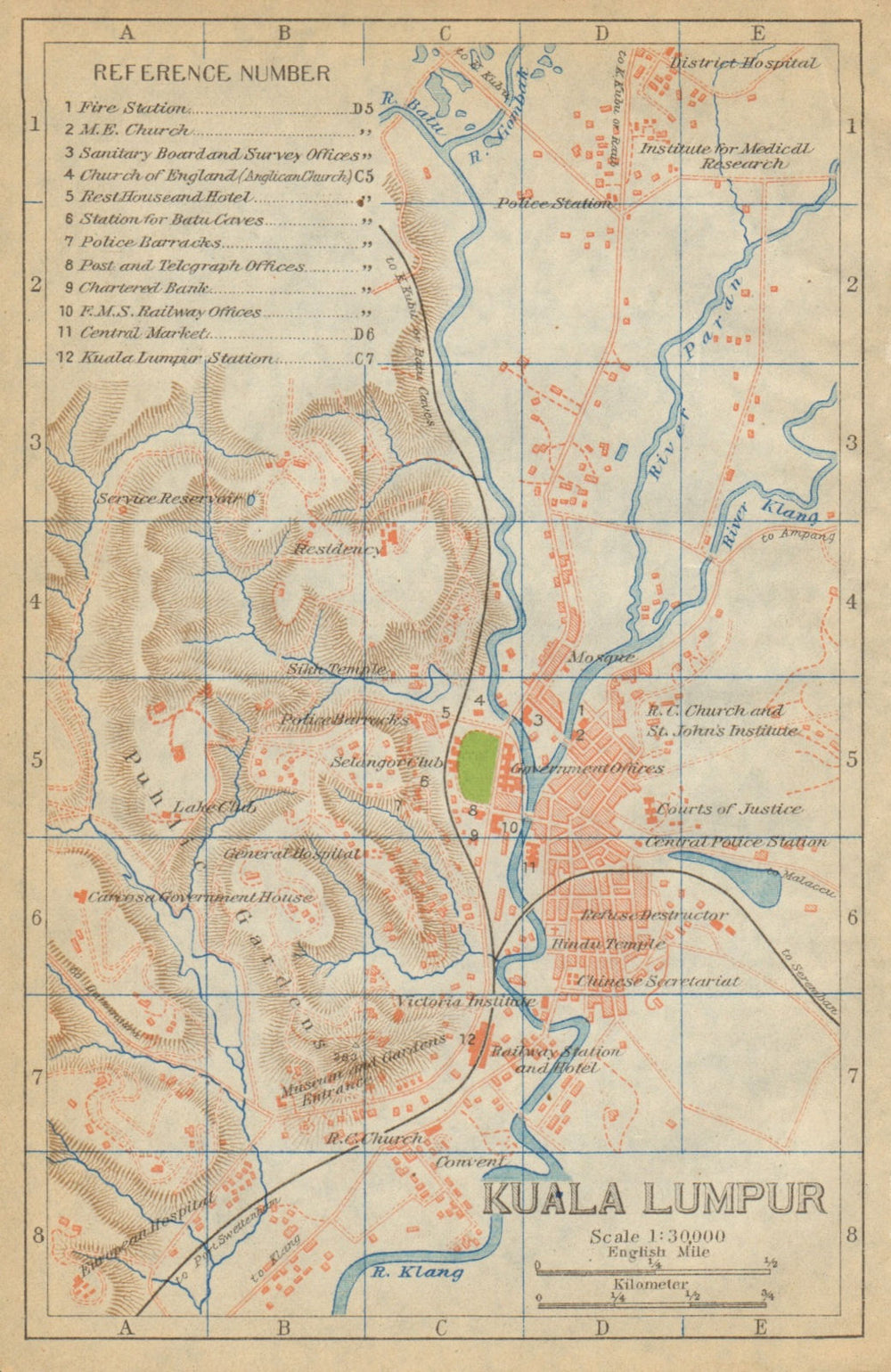 Kuala Lumpur antique town city plan. Malaysia 1920 old map chart