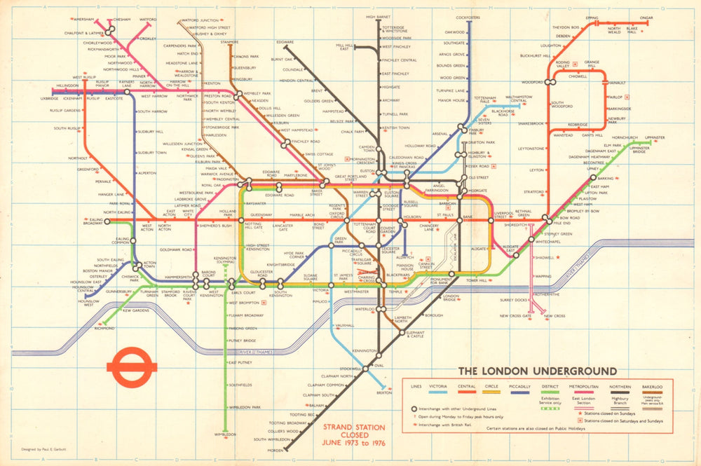 LONDON UNDERGROUND tube map plan. Victoria Line. Strand closed. GARBUTT #1 1973