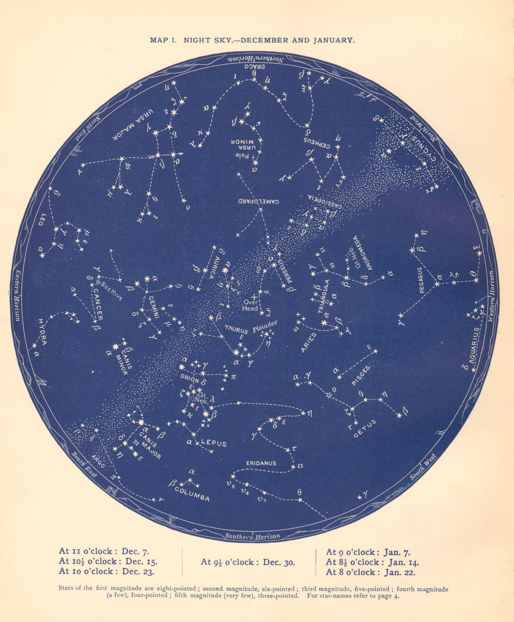 STAR MAP I. The Night Sky. December-January. Astronomy. PROCTOR 1887 old