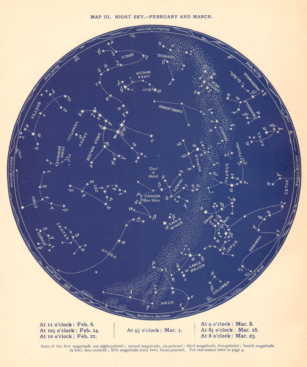 STAR MAP III. The Night Sky. February-March. Astronomy. PROCTOR 1887 old