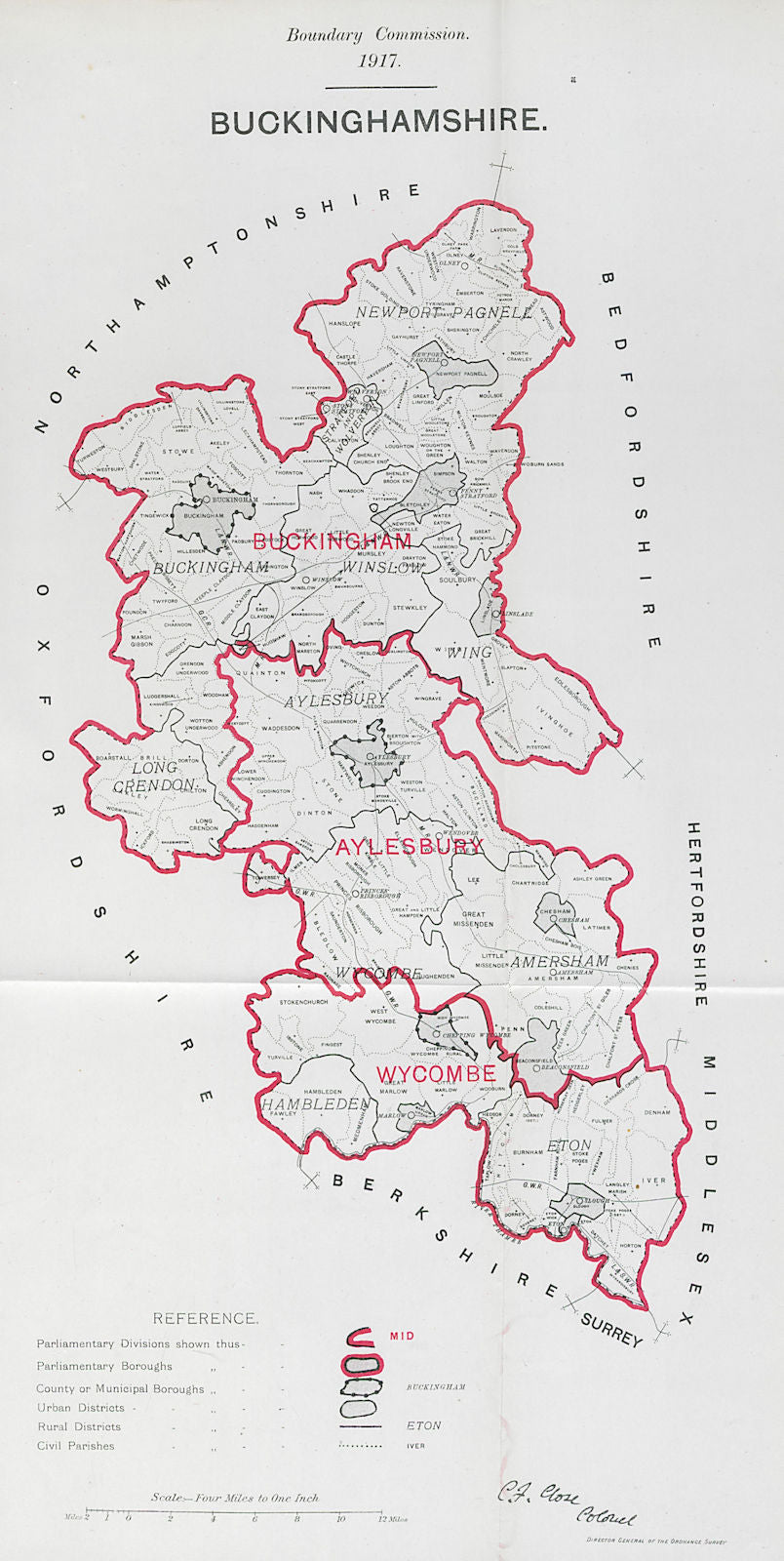 Buckinghamshire Parliamentary County. BOUNDARY COMMISSION. Close 1917 old map