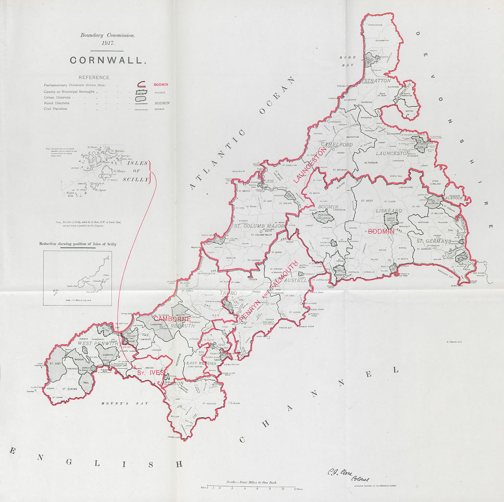 Cornwall Parliamentary County. BOUNDARY COMMISSION. Close 1917 old antique map