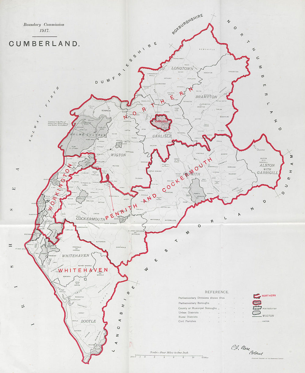 Cumberland Parliamentary County. Cumbria. BOUNDARY COMMISSION. Close 1917 map