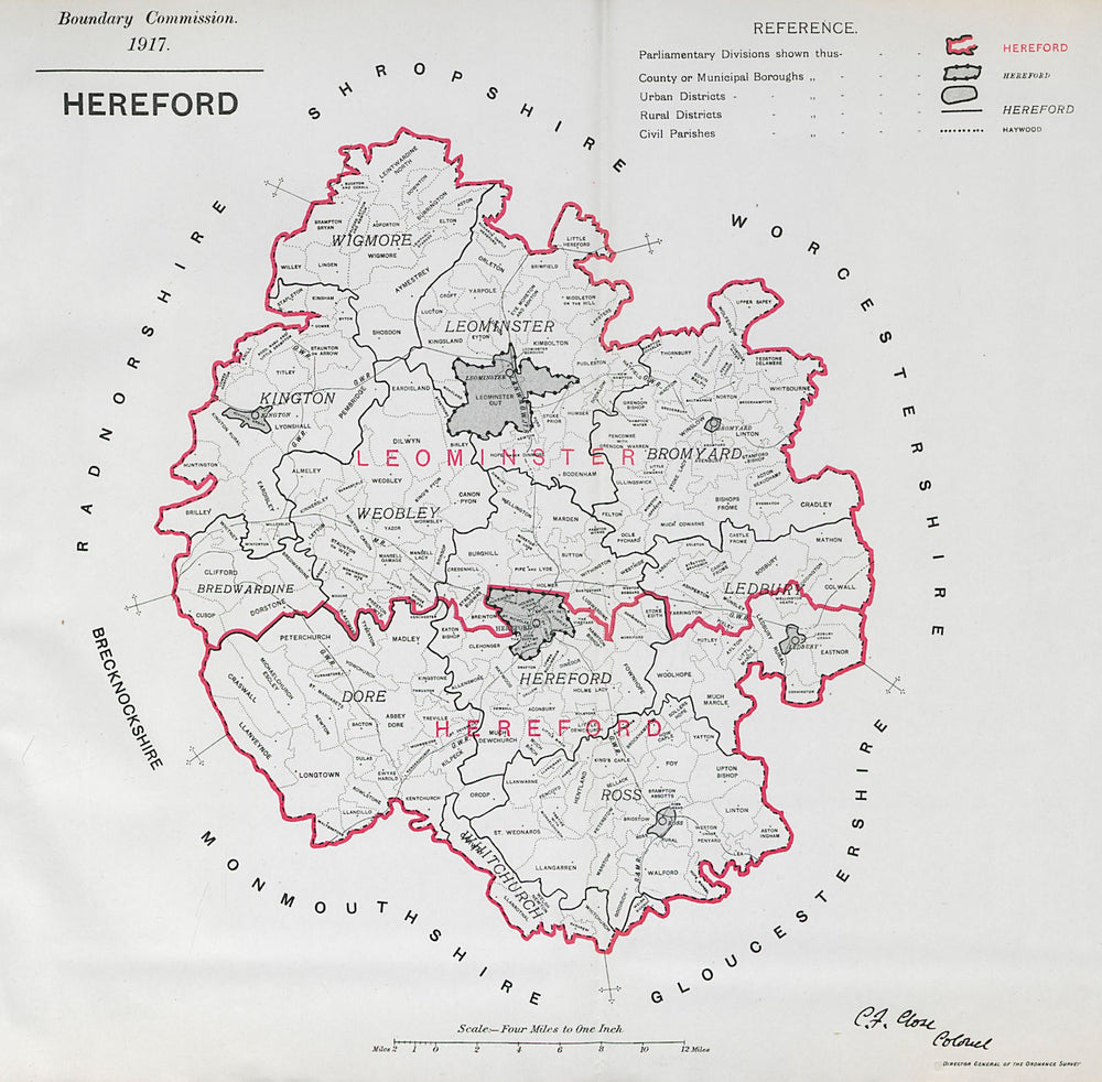 Herefordshire Parliamentary County. BOUNDARY COMMISSION. Close 1917 old map