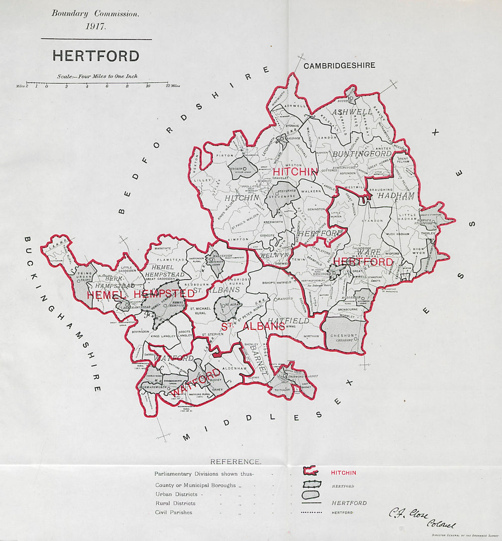 Hertfordshire Parliamentary County. BOUNDARY COMMISSION. Close 1917 old map