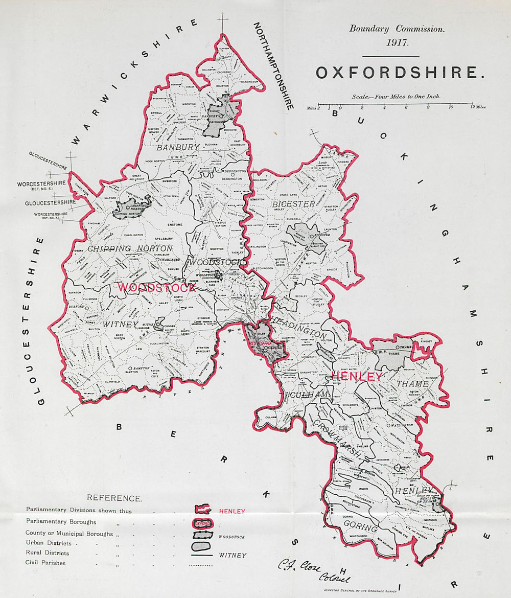 Oxfordshire Parliamentary County. BOUNDARY COMMISSION. Close 1917 old map