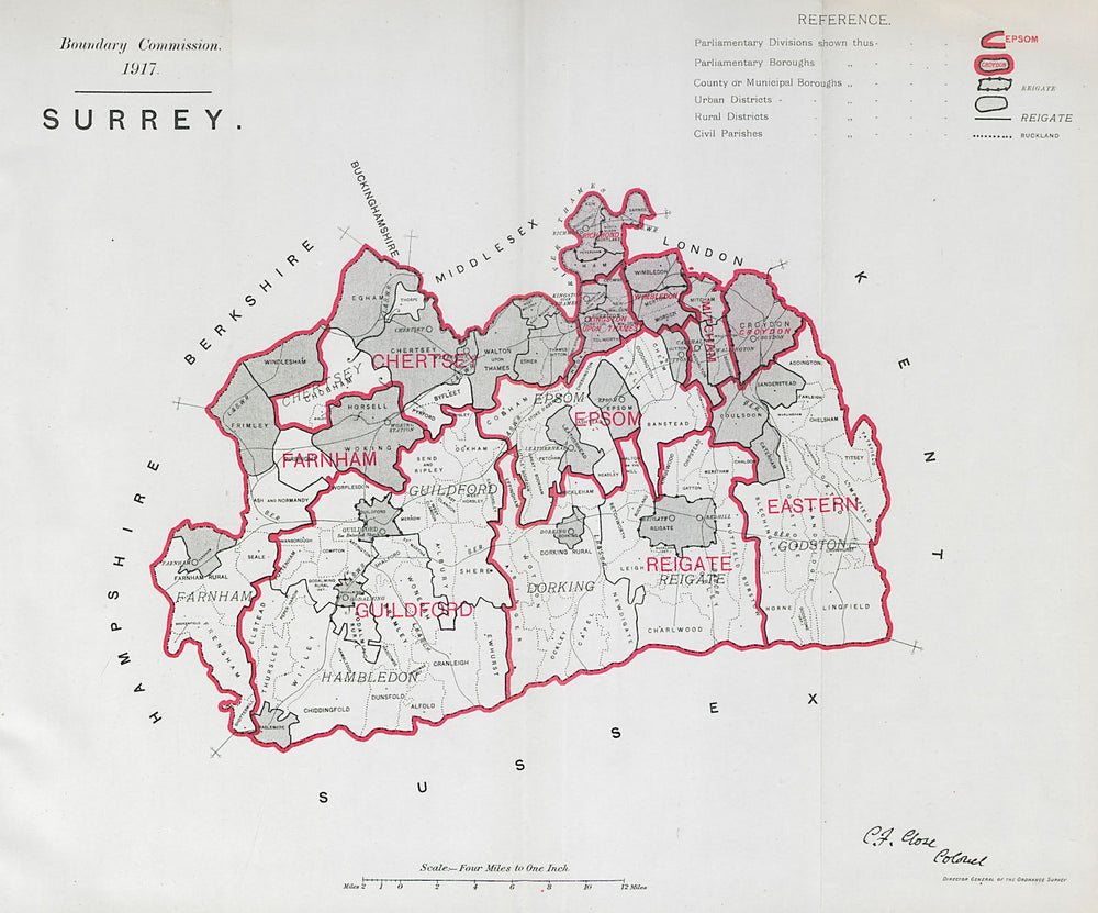 Surrey Parliamentary County. BOUNDARY COMMISSION. Close 1917 old antique map