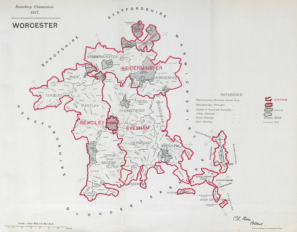 Worcestershire Parliamentary County. BOUNDARY COMMISSION. Close 1917 old map