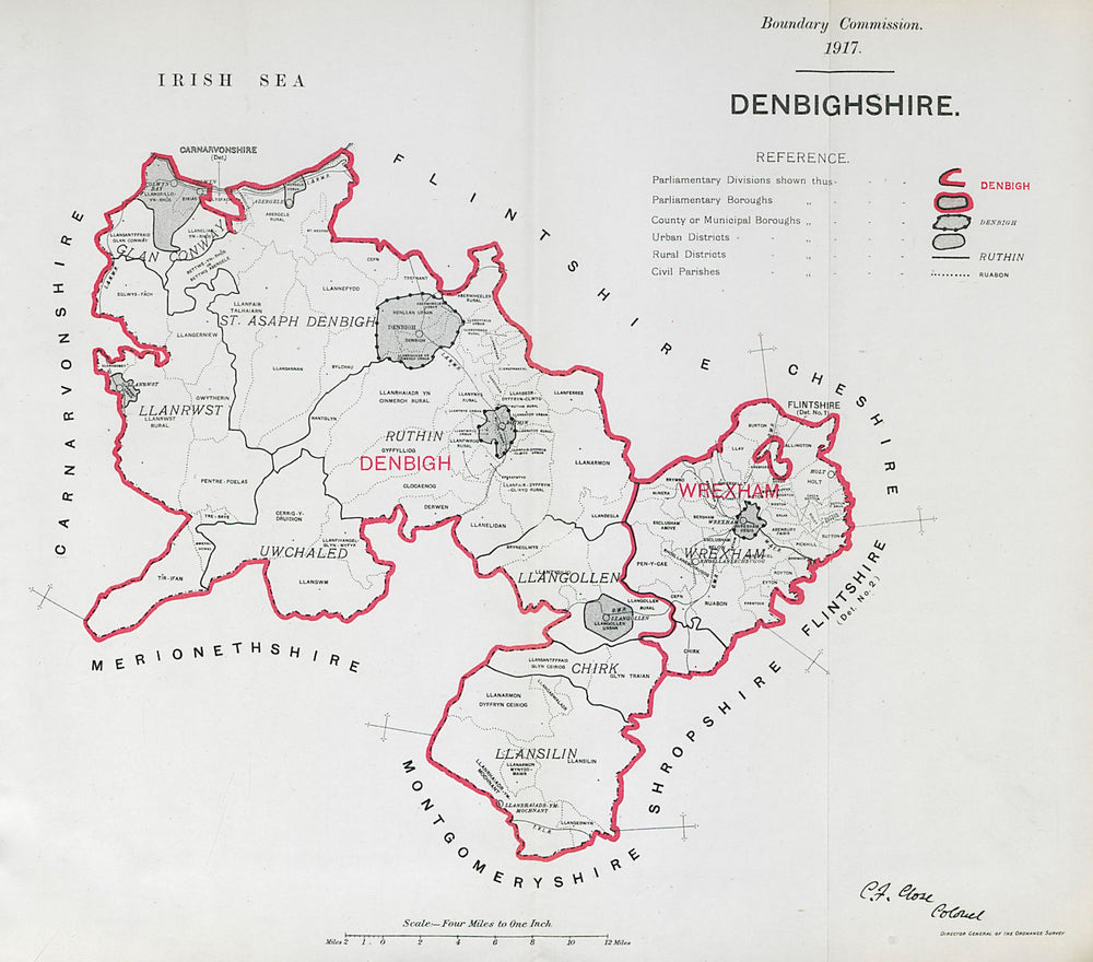 Denbighshire Parliamentary County. Wales. BOUNDARY COMMISSION. Close 1917 map