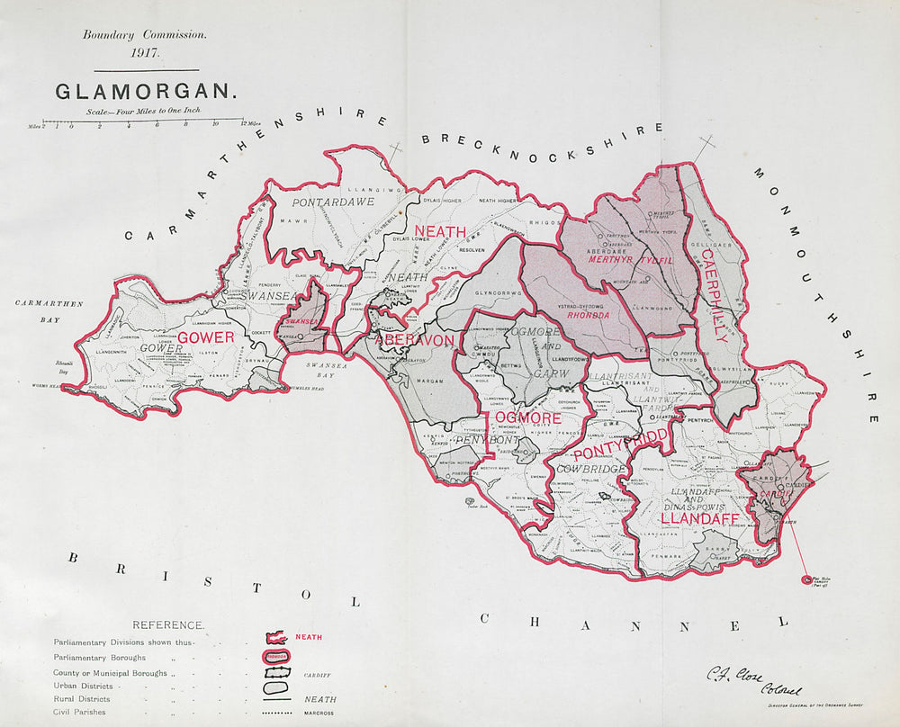 Glamorgan Parliamentary County. Wales. BOUNDARY COMMISSION. Close 1917 old map