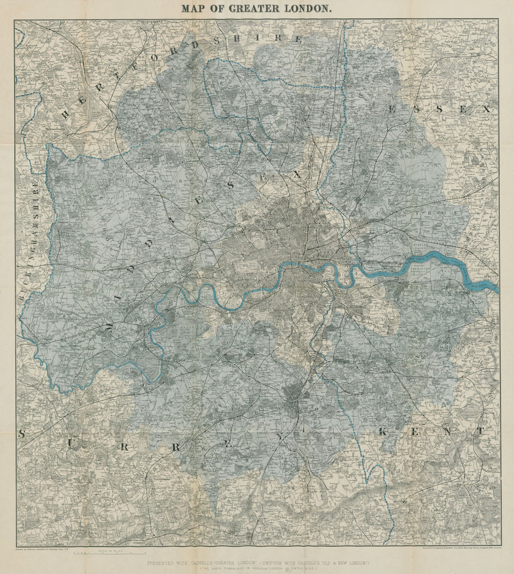 Large folding map of GREATER LONDON by Edward STANFORD. 75x86cm c1884