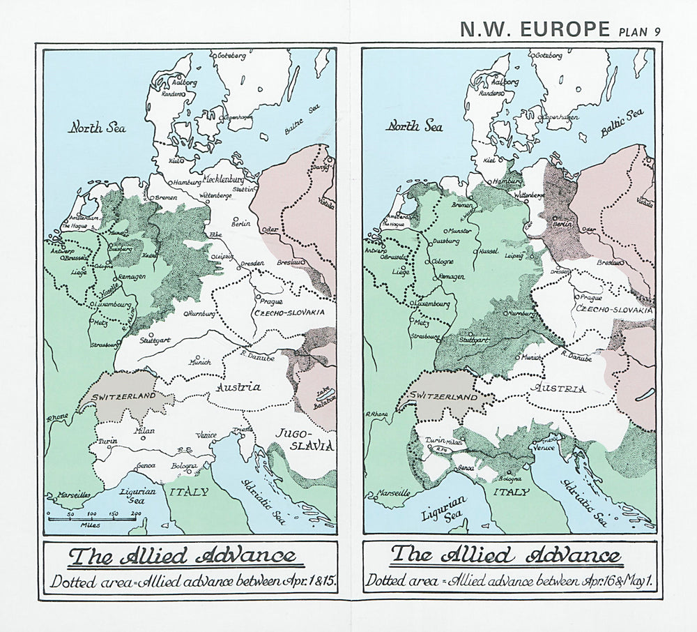 The Allied advance, April 1945. Defeat of Germany. World War Two 1994 old map