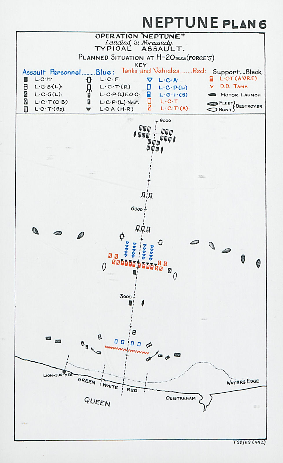 Normandy Landings. D-Day 1944 Assault plan H-20 mins Force S Ouistreham 1994 map
