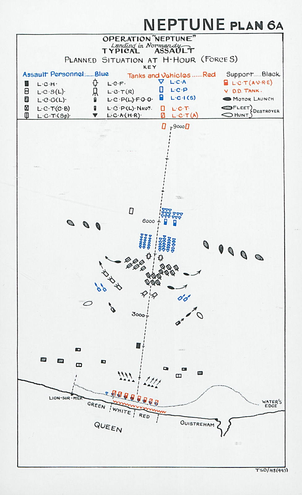 Normandy Landings. D-Day 1944. Assault plan H-Hour Force S. Ouistreham 1994 map