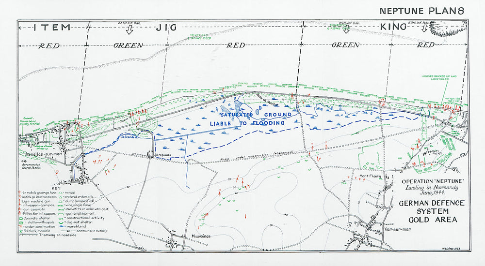 Normandy Landings D-Day June 1944 German Defence System, Asnelles. Gold 1994 map