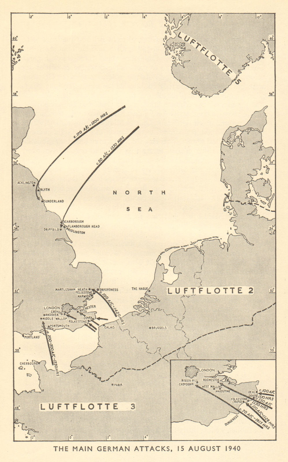 Battle of Britain. German attacks against RAF bases 15 August 1940. WW2 1953 map