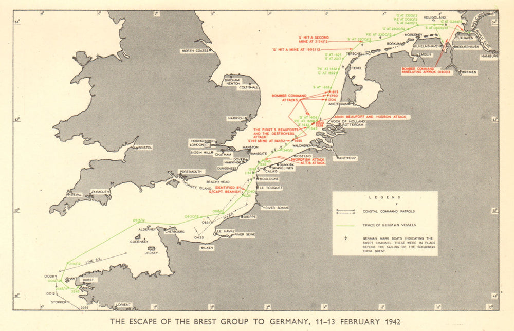 Channel Dash Unternehmen Zerberus. 11-13 February 1942. World War 2 RAF 1953 map