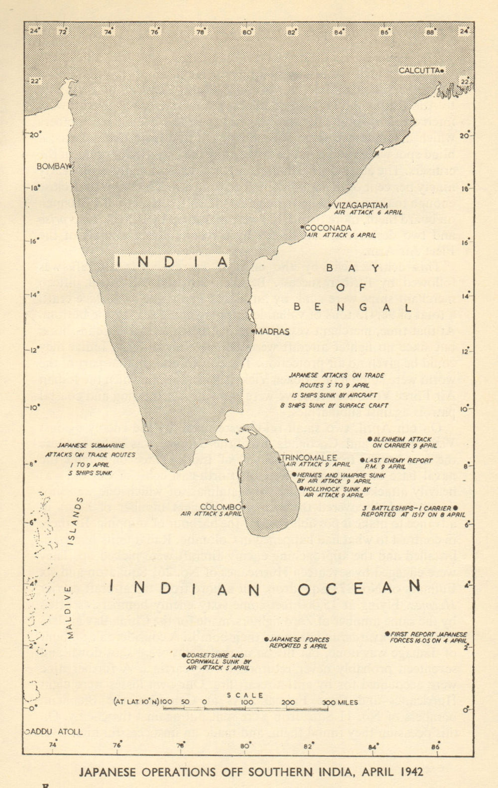 Indian Ocean Raid April 1942. Japanese operations. World War 2. Ceylon 1954 map