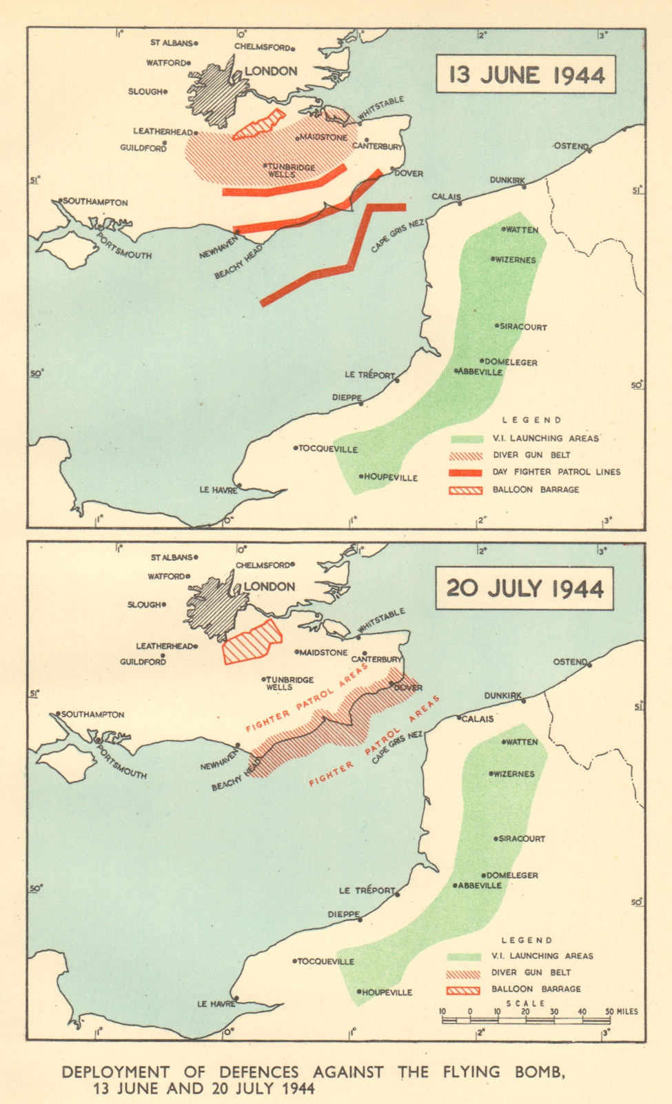 Defences against V1 flying bomb 13 June & 20 July 1944. World War 2 RAF 1954 map