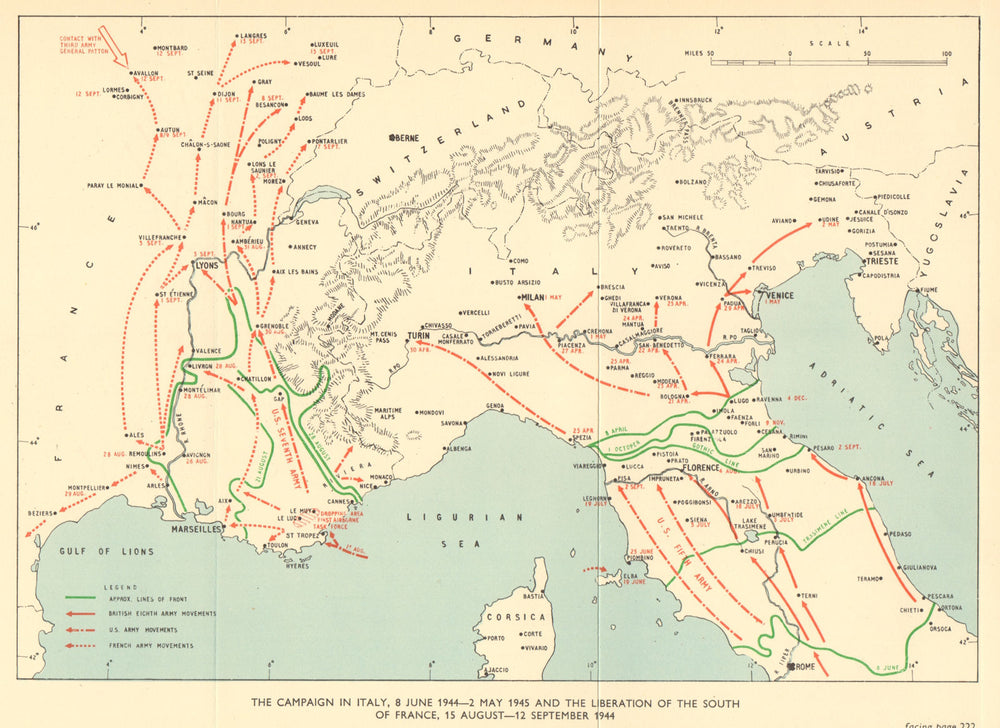 Campaign in Italy & South of France June 1944 - Sept 1945. World War 2 1954 map