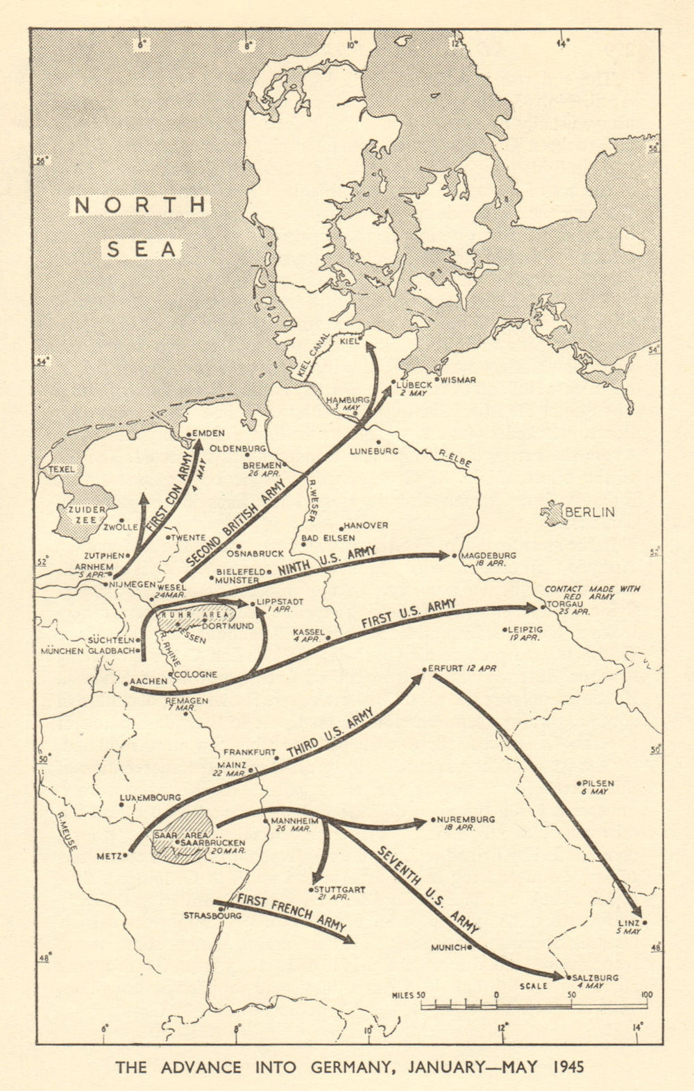 Advance into Germany, January - May 1945. World War 2 1954 old vintage map