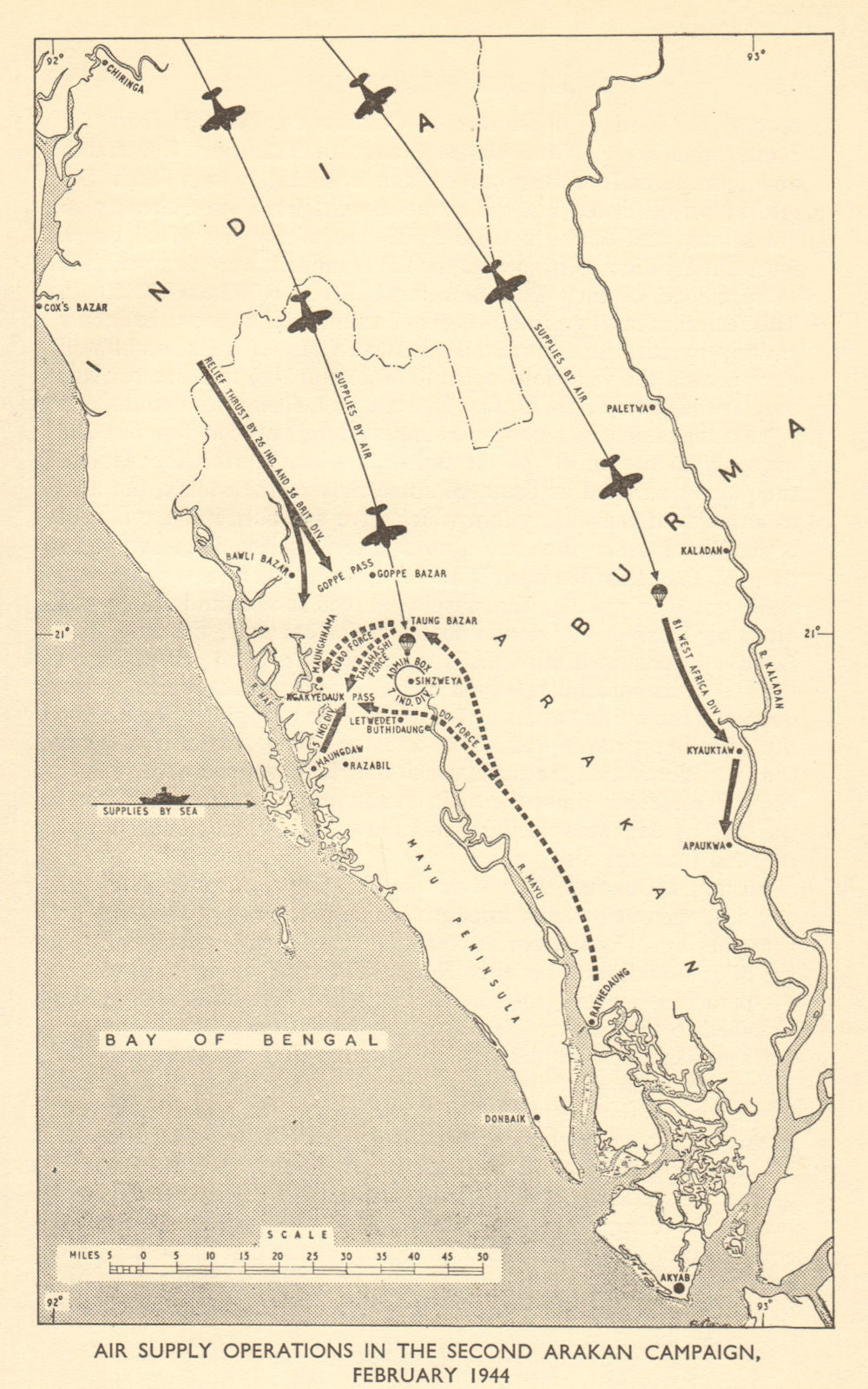 RAF air supply operations 2nd Arakan Campaign Feb 1944. WW2. Burma 1954 map