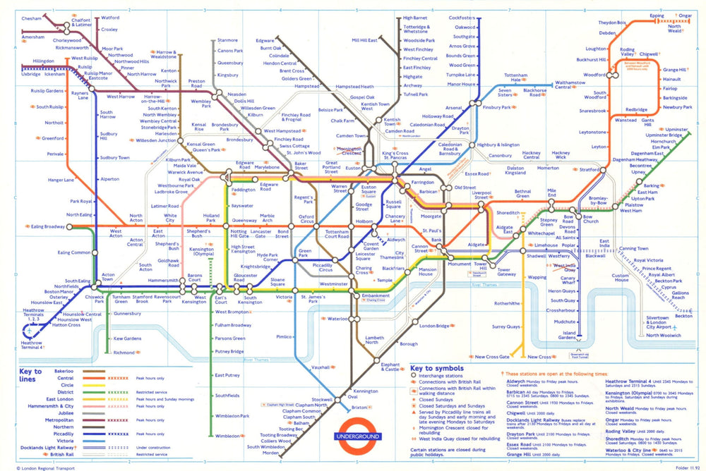 LONDON UNDERGROUND tube plan map. Beckton DLR u/c. Mornington Crescent shut 1993