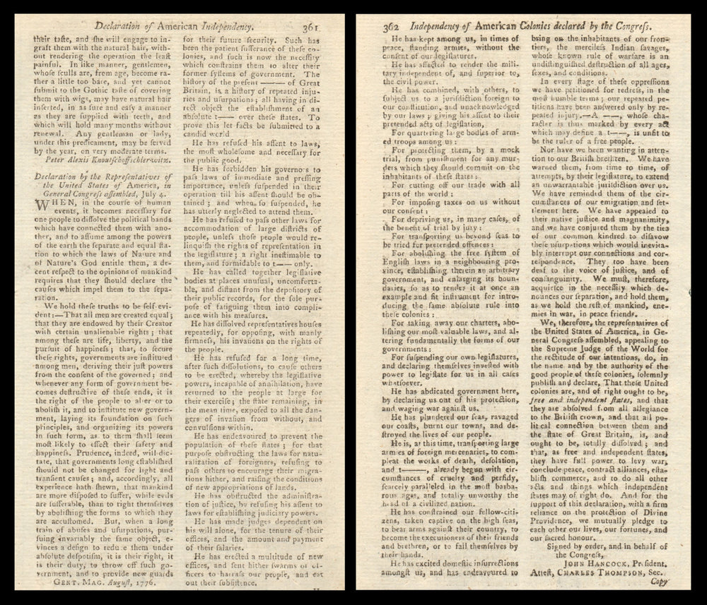 Declaration of American Independence early printing July 4th Gents Magazine 1776