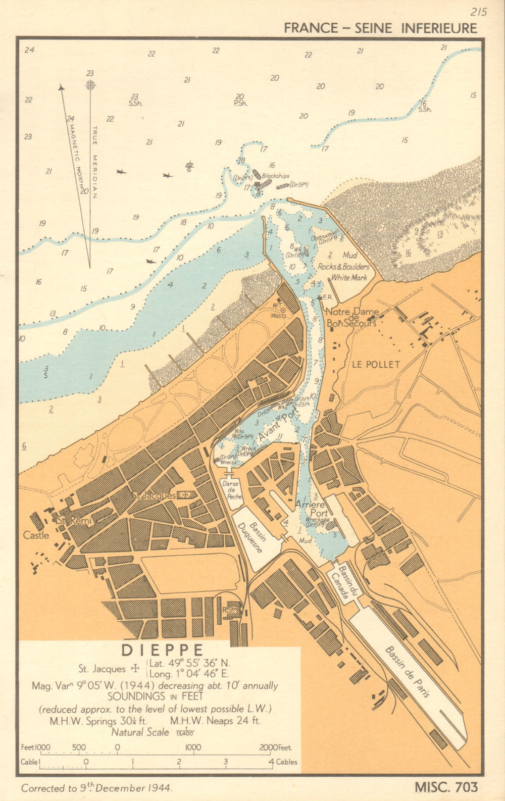 Dieppe town plan & sea coast chart. D-Day planning map. ADMIRALTY 1944 old