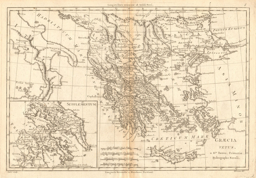 Graecia Vetus. Ancient Greece. Aegean islands. BONNE 1787 old antique map