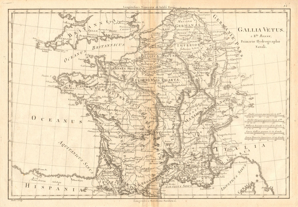 Gallia Vetus. Ancient Gaul. France Belgium Switzerland. BONNE 1787 old map