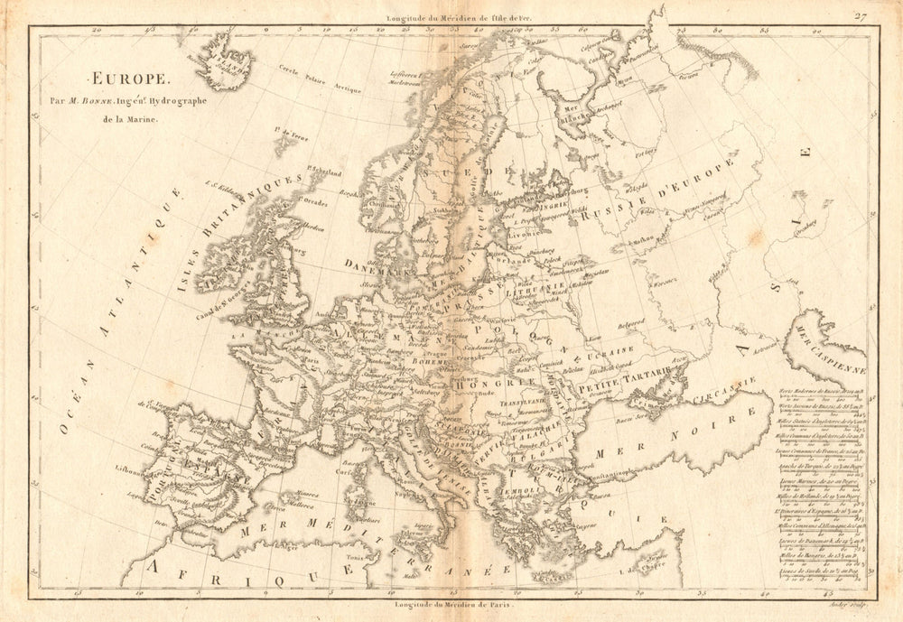 Antique map of Europe by BONNE 1787 old vintage plan chart