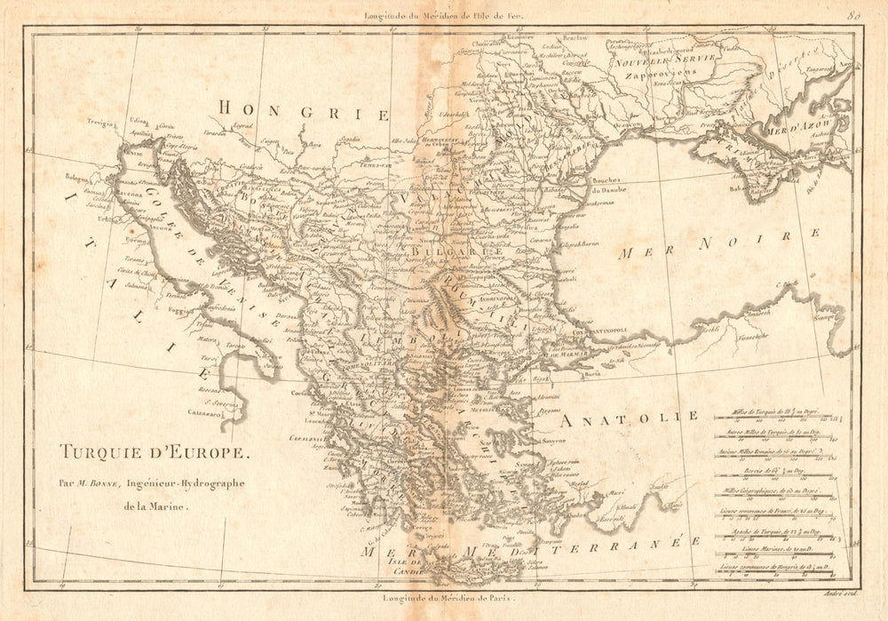 Turquie d’Europe. Turkey in Europe. Greece & the Balkans. BONNE 1788 old map
