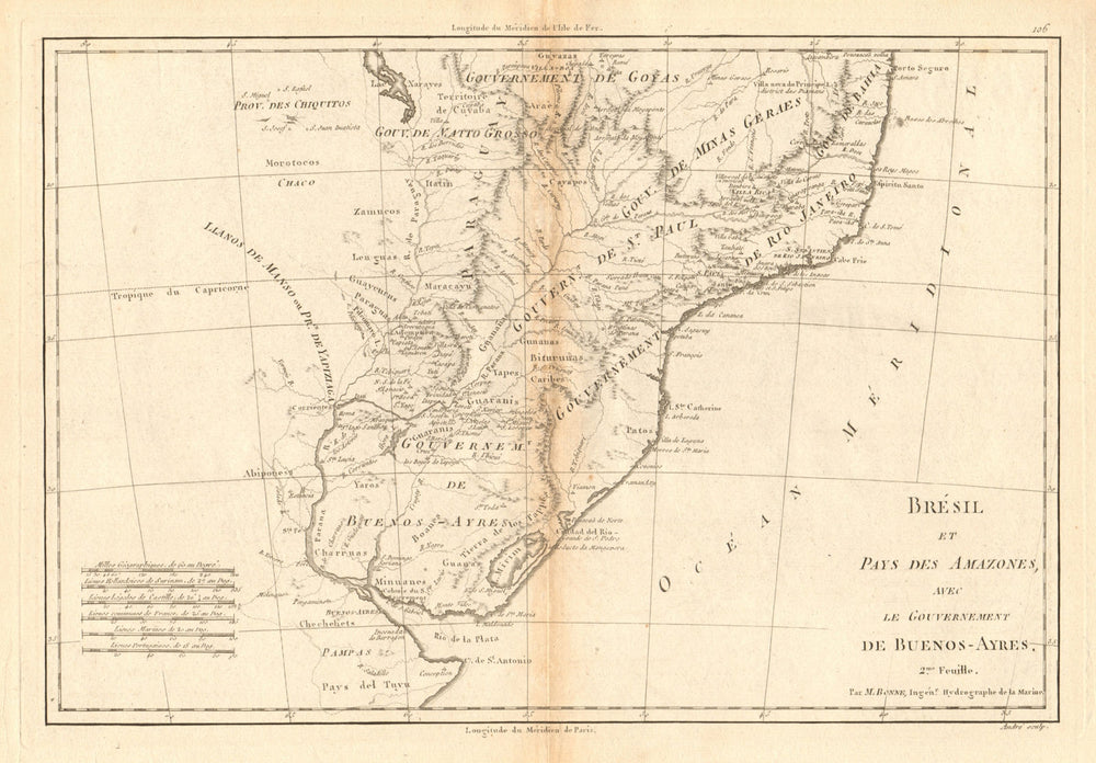 Bresil et Pays des Amazones, Ire feuille. Brazil & Amazonia. BONNE 1788 map