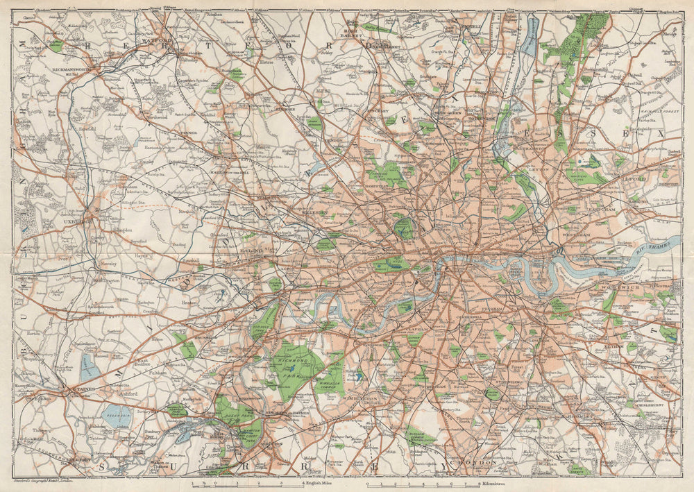LONDON & environs showing projected Western Avenue & Railways 1928 old map