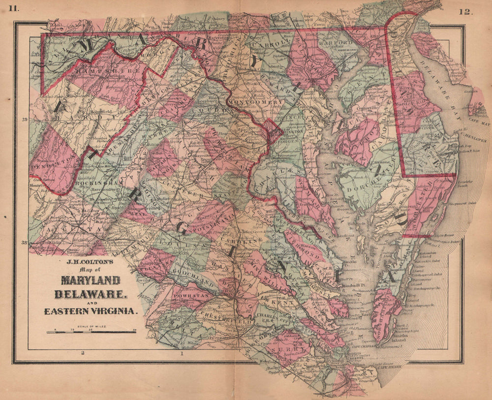 J. H. Colton's map of Maryland, Delaware, and Eastern Virginia 1864 old