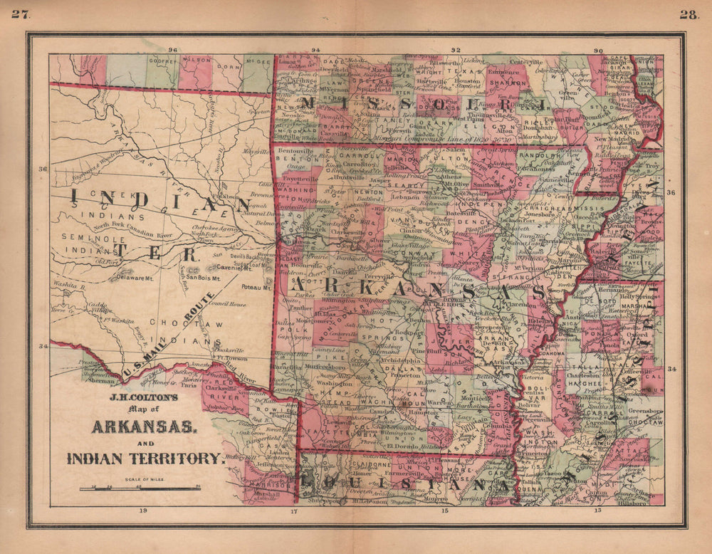 J. H. Colton's map of Arkansas and Indian Territory. Oklahoma 1864 old