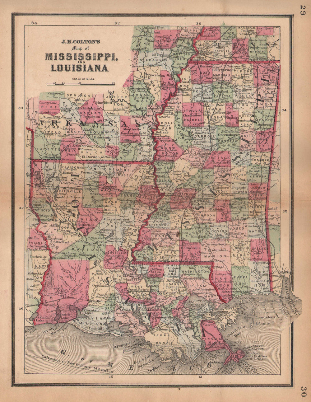J. H. Colton's map of Mississippi and Louisiana 1864 old antique chart