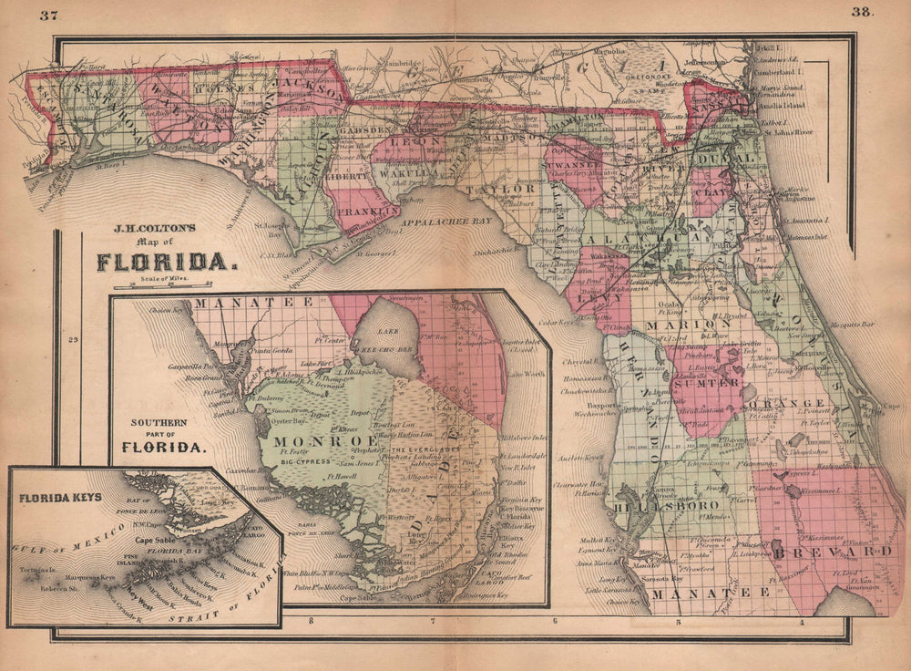 J. H. Colton's map of Florida 1864 old antique vintage plan chart