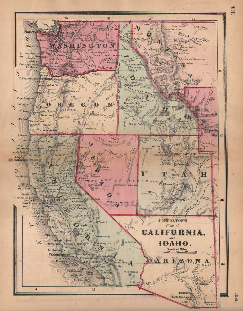 Colton's map of California & Idaho. Oregon Washington Montana Utah Arizona 1864