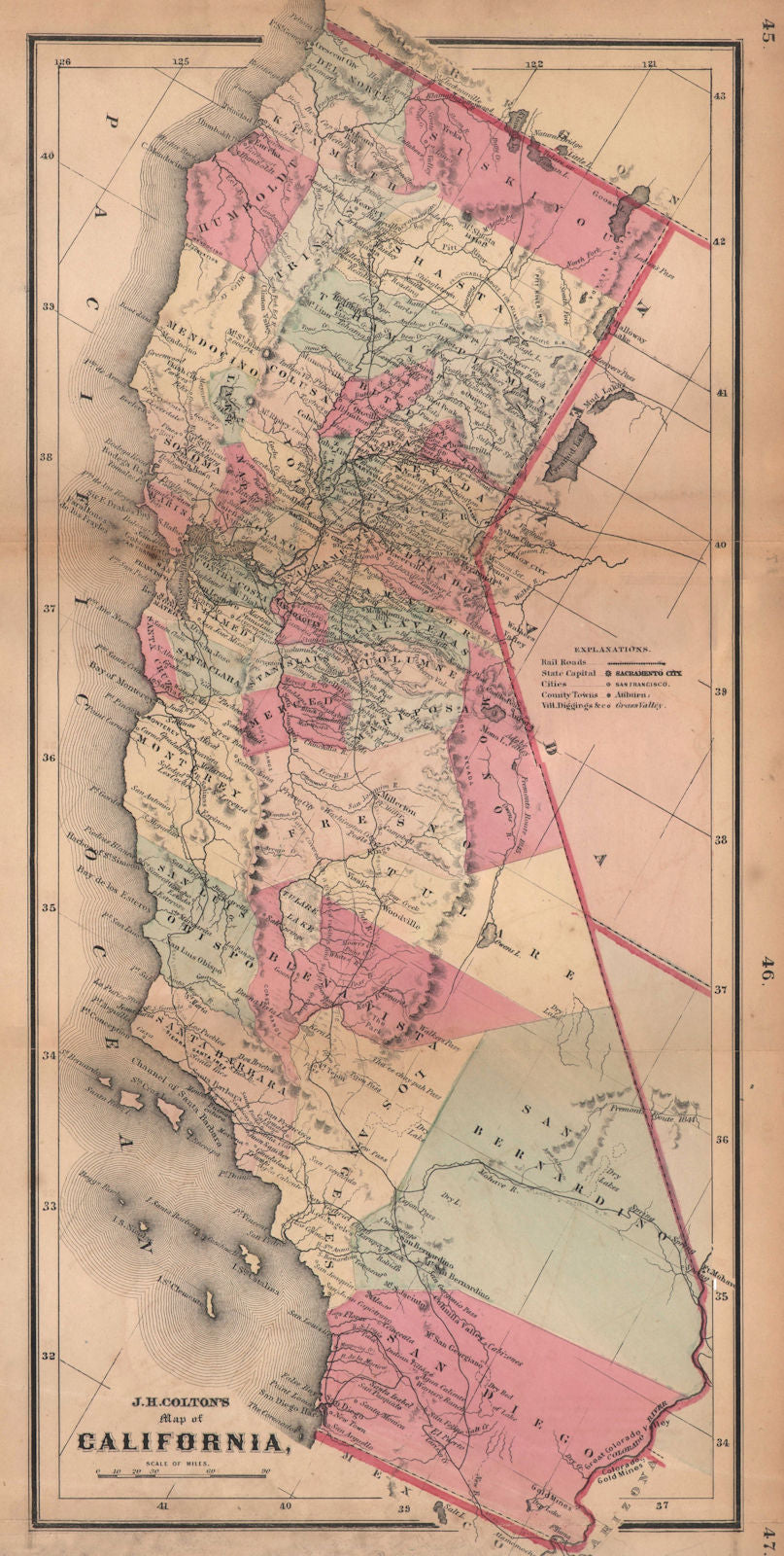 J. H. Colton's map of California 1864 old antique vintage plan chart