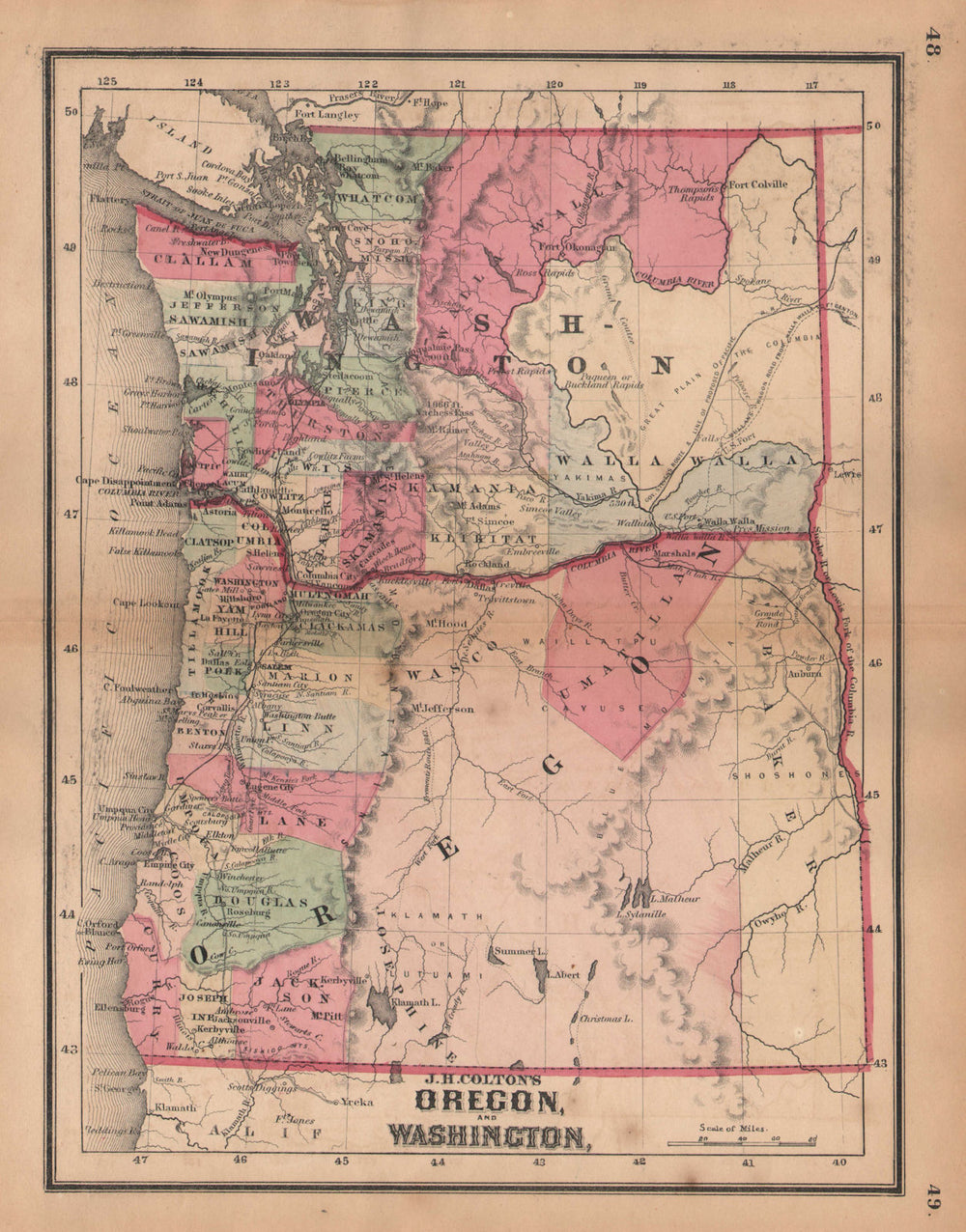 J. H. Colton's map of Oregon and Washington 1864 old antique plan chart