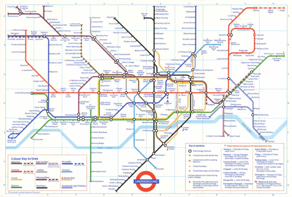 LONDON UNDERGROUND tube plan map. Docklands Light Railway open. #1 1987