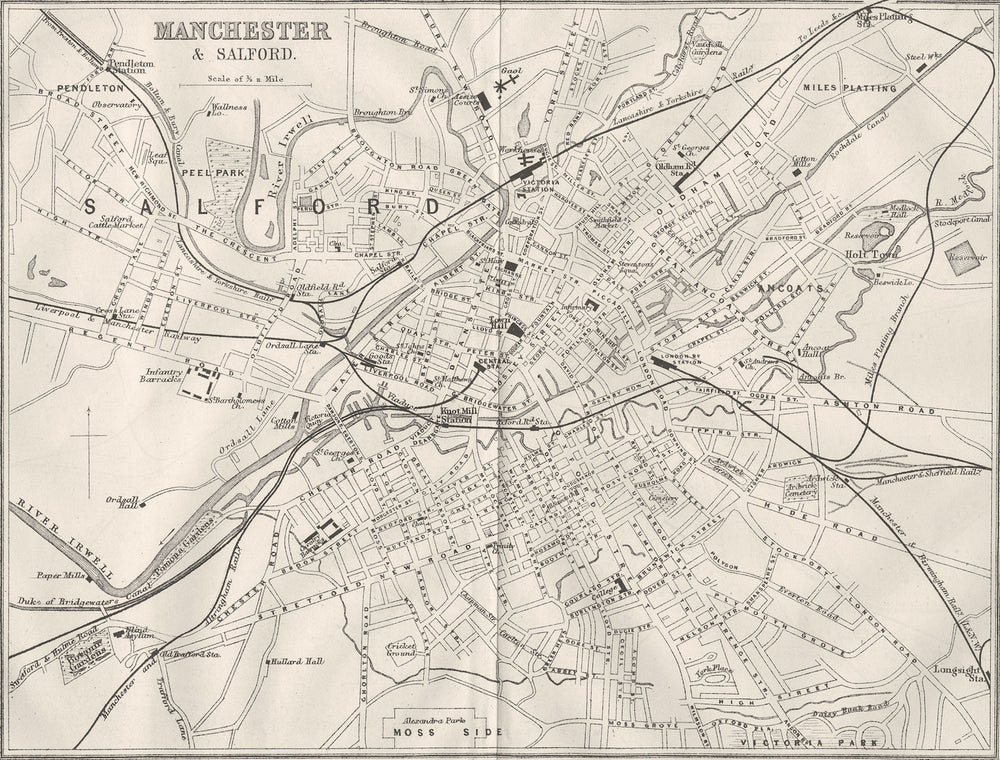 LANCS. Manchester & Salford town plan 1874 old antique vintage map chart