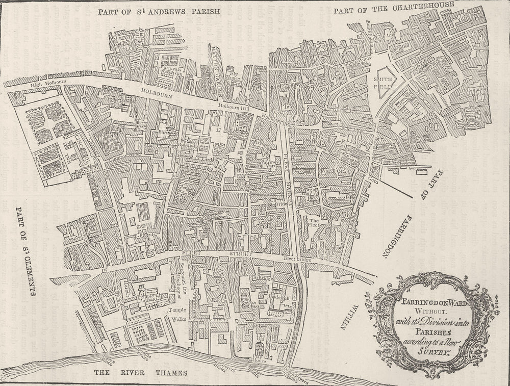SMITHFIELD. Map of Farringdon ward without, 1750. London c1880 old antique